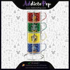 Set de 4 Mugs Harry Potter - Les 4 Maisons - 80ml + Support en Métal