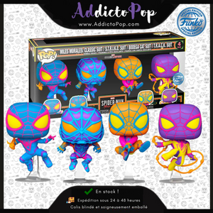 Funko Pop! Marvel Spider-Man (Miles Morales) GameVerse [4-Pack] - Miles Morales : Classic Suit/S.T.R.I.K.E Suit/Bodega Cat Suit/T.R.A.C.K Suit (Black Light) (Special Edition)
